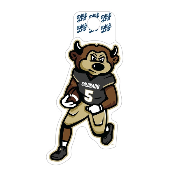 This sticker has the Chip mascot dressed in a football uniform. He wears a black Colorado jersey and yellow pants.